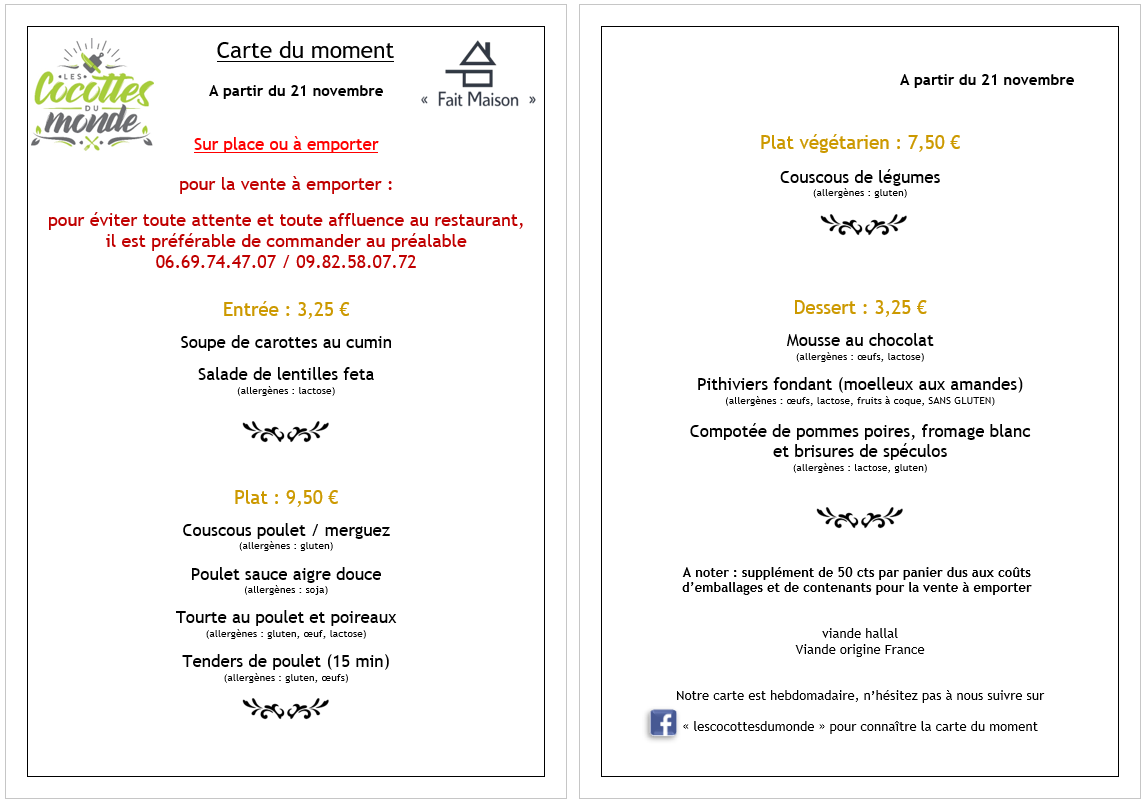 LES COCOTTES DU MONDE - Communauté de Communes du Val d'Essonne : menu de la semaine